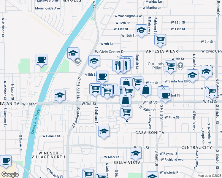 map of restaurants, bars, coffee shops, grocery stores, and more near 2301 West 3rd Street in Santa Ana