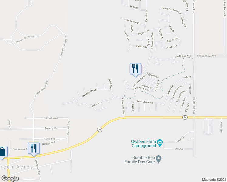 map of restaurants, bars, coffee shops, grocery stores, and more near 180 Furyk Way in Hemet