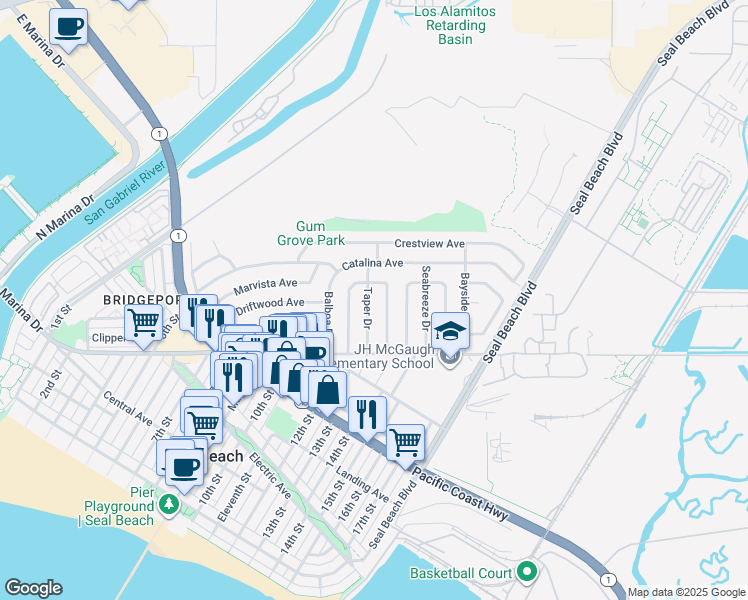 map of restaurants, bars, coffee shops, grocery stores, and more near 700 Taper Drive in Seal Beach