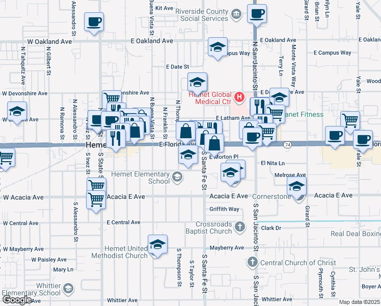 map of restaurants, bars, coffee shops, grocery stores, and more near 115 South Taylor Street in Hemet