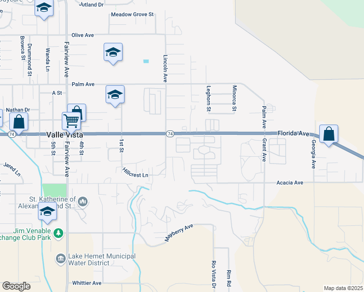 map of restaurants, bars, coffee shops, grocery stores, and more near 44625 California 74 in Hemet