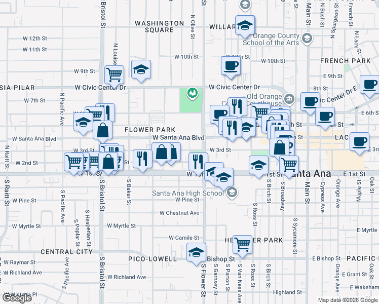 map of restaurants, bars, coffee shops, grocery stores, and more near 1002 West 3rd Street in Santa Ana