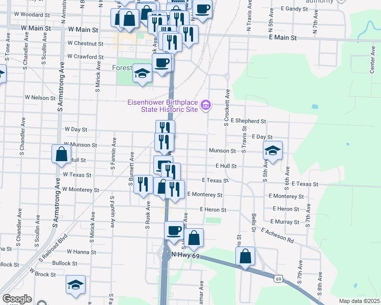 map of restaurants, bars, coffee shops, grocery stores, and more near 100 Munson Street in Denison