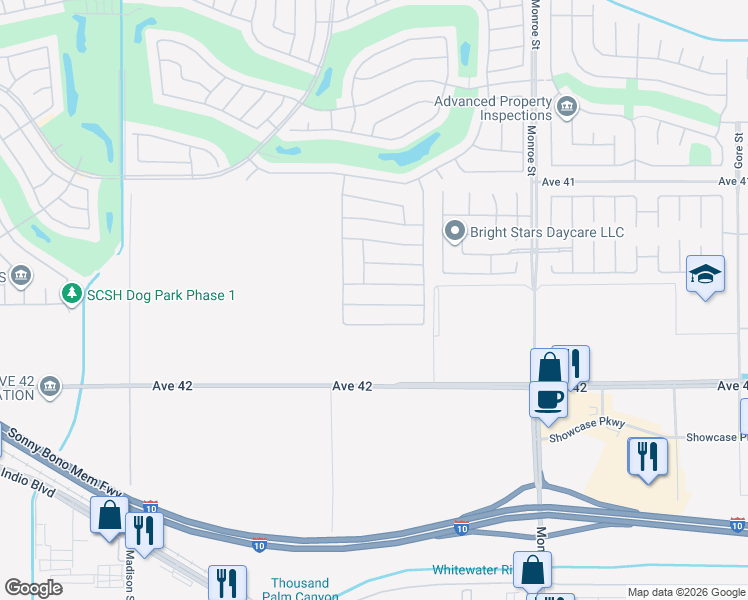 map of restaurants, bars, coffee shops, grocery stores, and more near 81604 Avenida De Baile in Indio