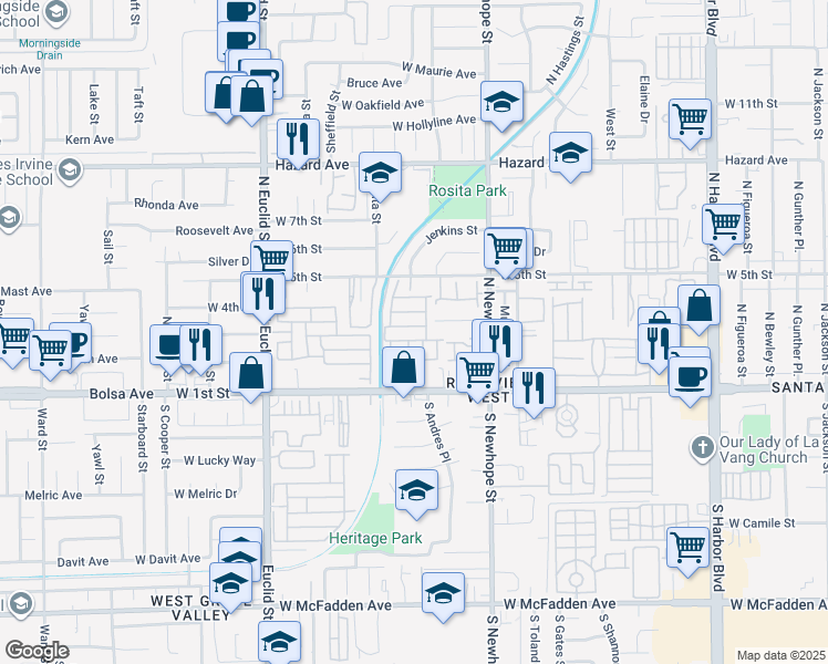 map of restaurants, bars, coffee shops, grocery stores, and more near in Santa Ana