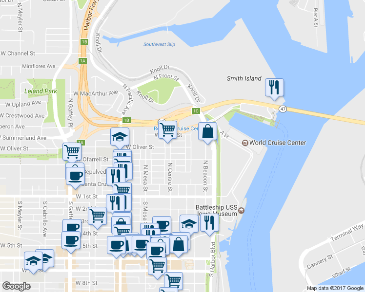 map of restaurants, bars, coffee shops, grocery stores, and more near 232 West Oliver Street in Los Angeles