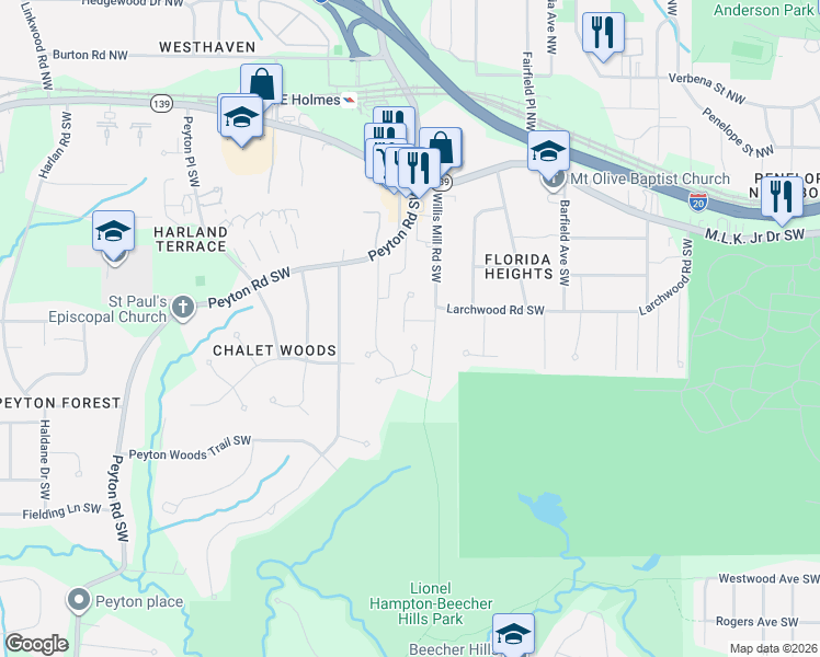 map of restaurants, bars, coffee shops, grocery stores, and more near 2434 Prairie View Drive Southwest in Atlanta