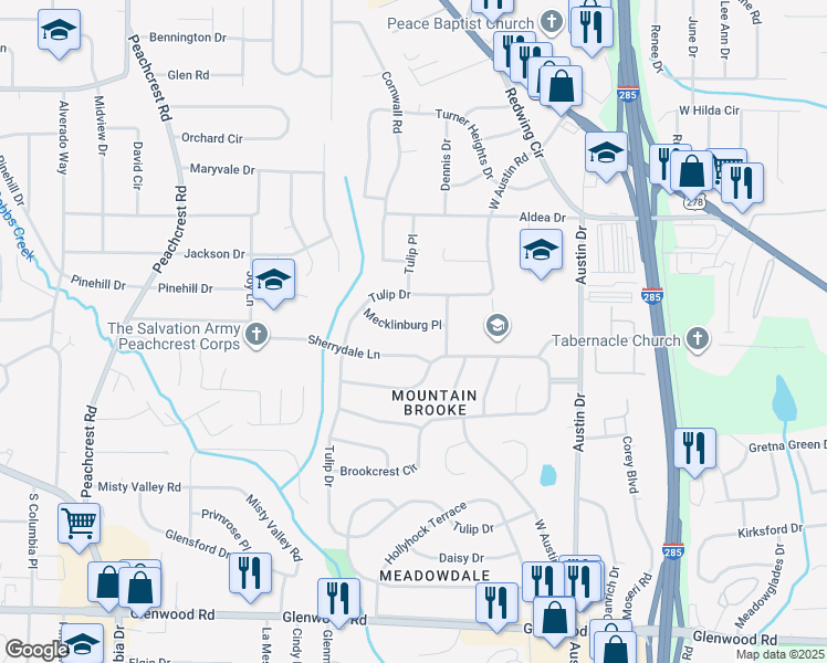 map of restaurants, bars, coffee shops, grocery stores, and more near 3653 Mecklinburg Place in Decatur