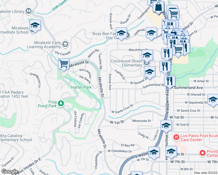 map of restaurants, bars, coffee shops, grocery stores, and more near 29679 North Enrose Avenue in Rancho Palos Verdes