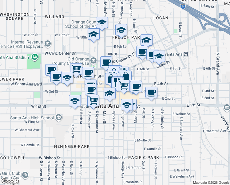map of restaurants, bars, coffee shops, grocery stores, and more near 268 North Spurgeon Street in Santa Ana