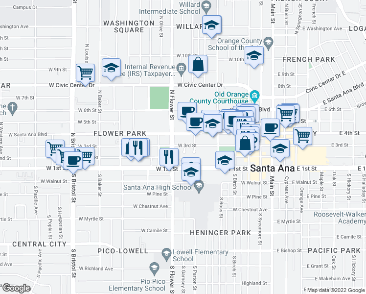 map of restaurants, bars, coffee shops, grocery stores, and more near 700 West 3rd Street in Santa Ana