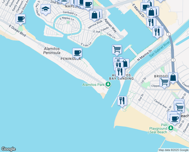 map of restaurants, bars, coffee shops, grocery stores, and more near 50 68th Place in Long Beach