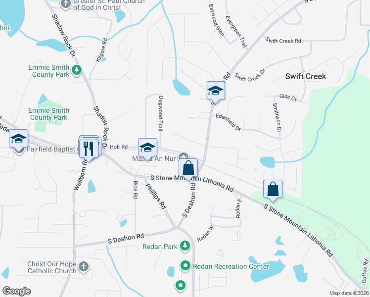 map of restaurants, bars, coffee shops, grocery stores, and more near 6244 Holt Road in Lithonia