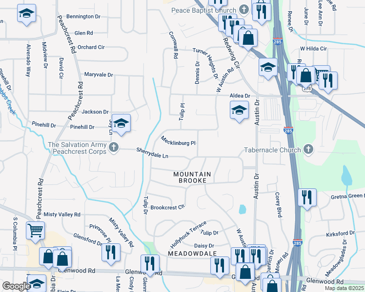 map of restaurants, bars, coffee shops, grocery stores, and more near 3653 Mecklinburg Place in Decatur