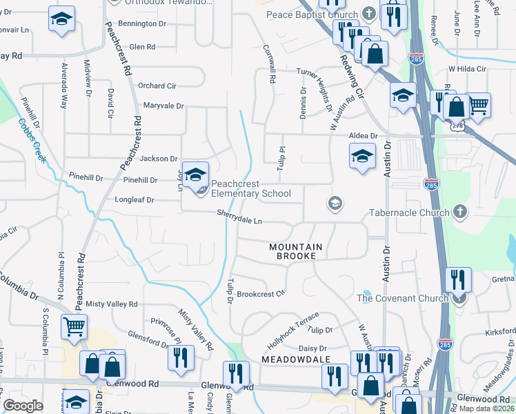 map of restaurants, bars, coffee shops, grocery stores, and more near 3629 Mecklinburg Place in Decatur