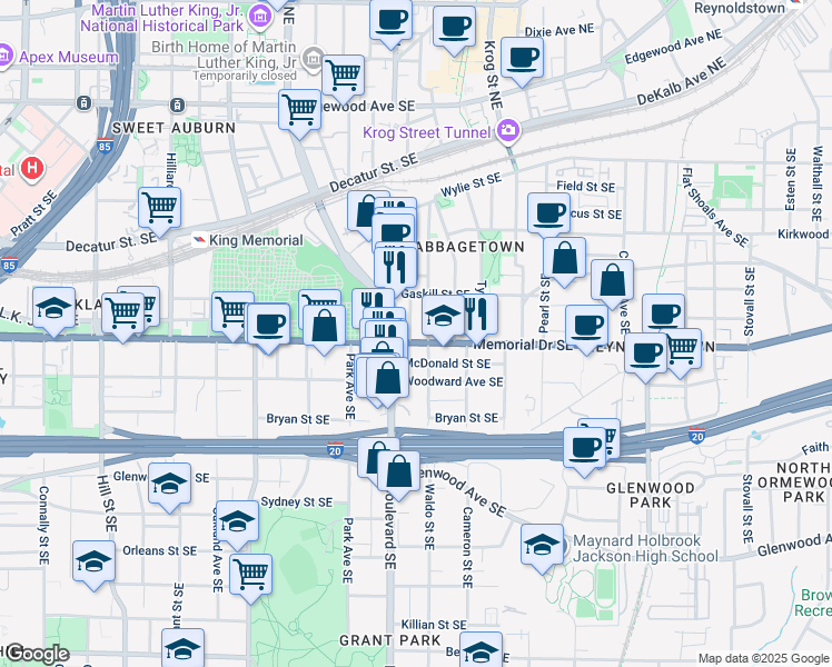map of restaurants, bars, coffee shops, grocery stores, and more near 600 Memorial Drive Southeast in Atlanta