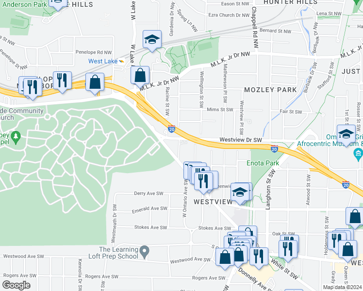 map of restaurants, bars, coffee shops, grocery stores, and more near 1581 Laurel Park Place Southwest in Atlanta