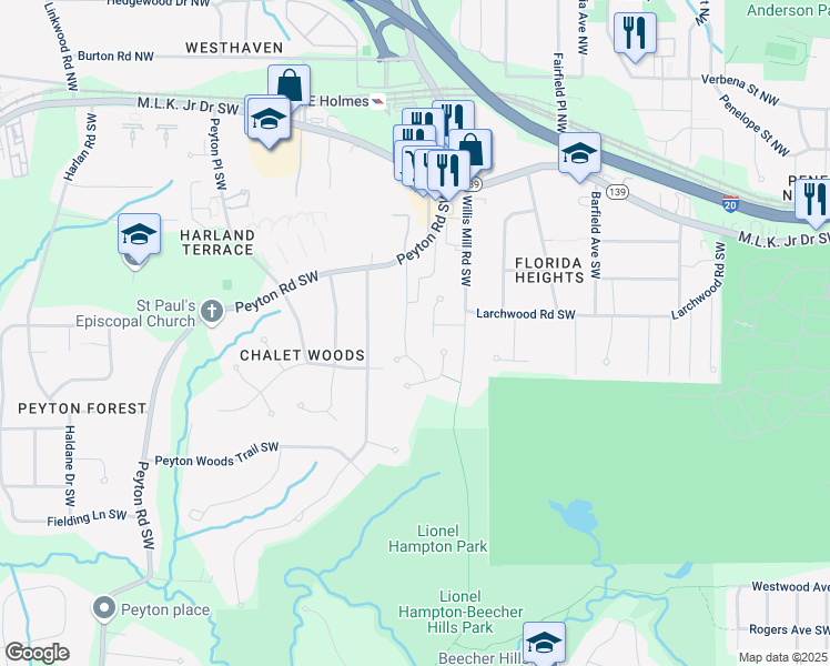 map of restaurants, bars, coffee shops, grocery stores, and more near 320 Kelso Drive Southwest in Atlanta
