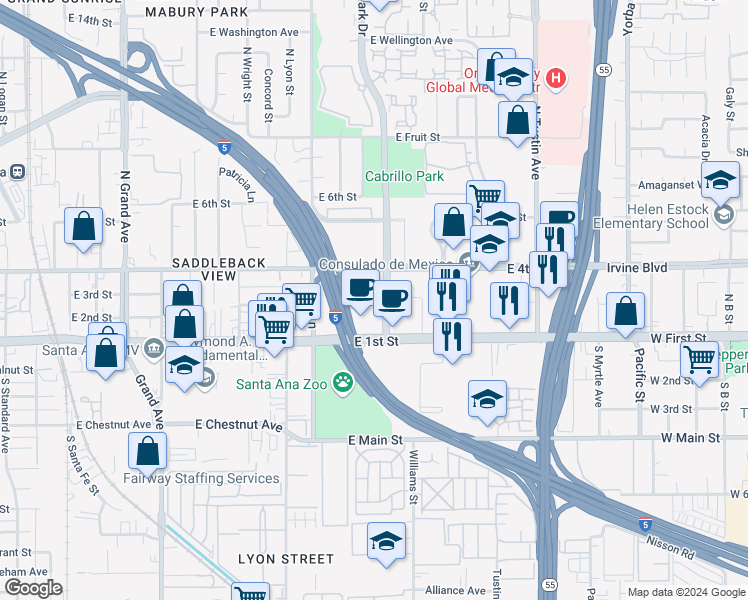 map of restaurants, bars, coffee shops, grocery stores, and more near 200 Cabrillo Park Drive in Santa Ana