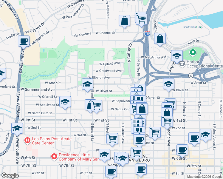 map of restaurants, bars, coffee shops, grocery stores, and more near 876 West Oliver Street in Los Angeles
