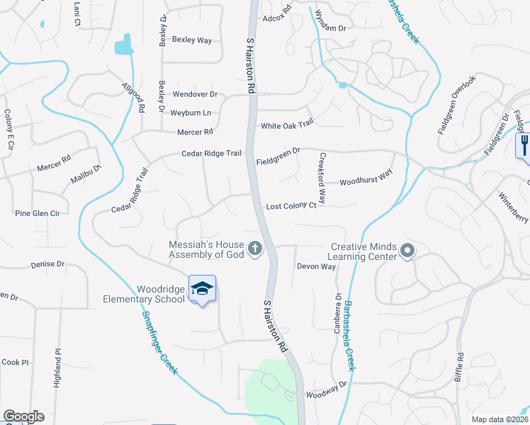 map of restaurants, bars, coffee shops, grocery stores, and more near 4701 Lost Colony Court in Stone Mountain