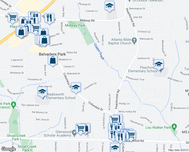 map of restaurants, bars, coffee shops, grocery stores, and more near 3251 Bobolink Drive in Decatur
