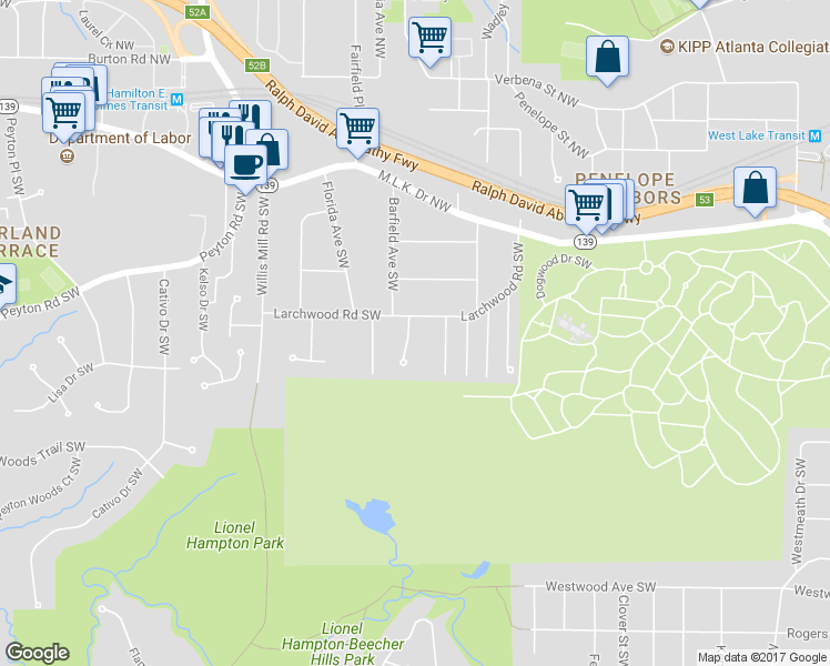 map of restaurants, bars, coffee shops, grocery stores, and more near 320 Camfield Court Southwest in Atlanta