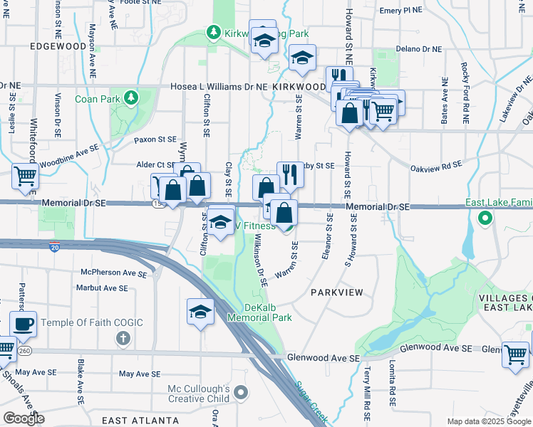 map of restaurants, bars, coffee shops, grocery stores, and more near 1805 Memorial Drive Southeast in Atlanta