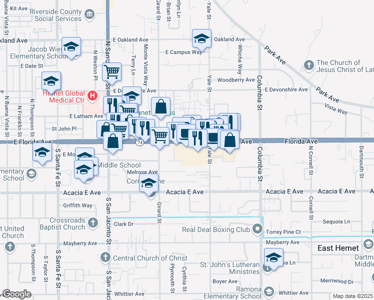 map of restaurants, bars, coffee shops, grocery stores, and more near 1939 East Florida Avenue in Hemet