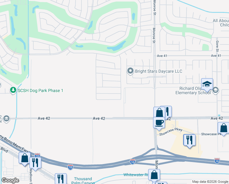 map of restaurants, bars, coffee shops, grocery stores, and more near 81674 Avenida De Baile in Indio