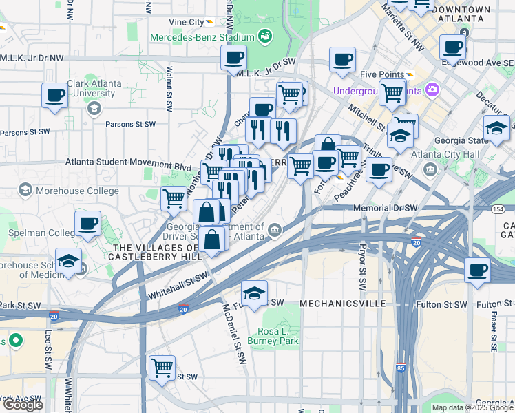 map of restaurants, bars, coffee shops, grocery stores, and more near 260 Castleberry Station Drive Southwest in Atlanta