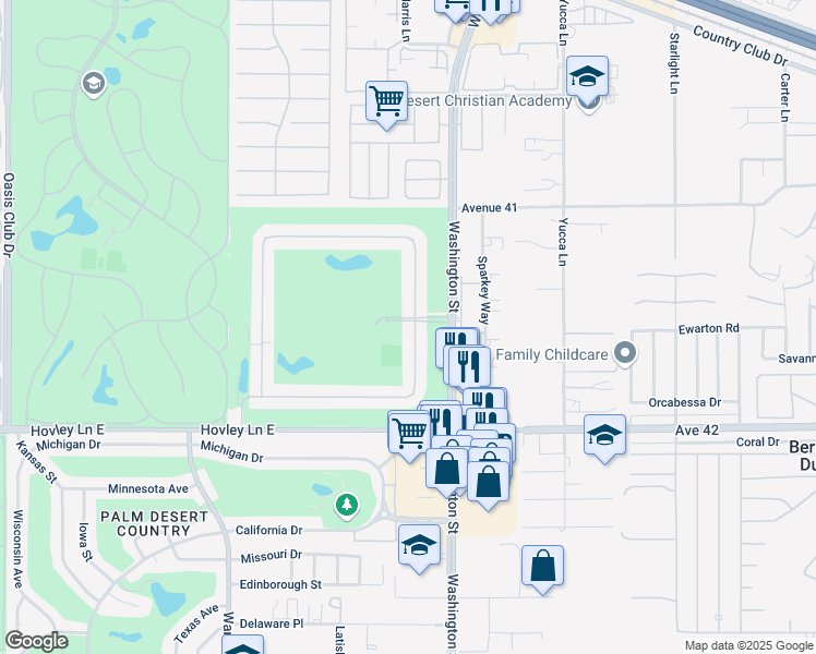 map of restaurants, bars, coffee shops, grocery stores, and more near 41521 Woodhaven Drive North in Palm Desert