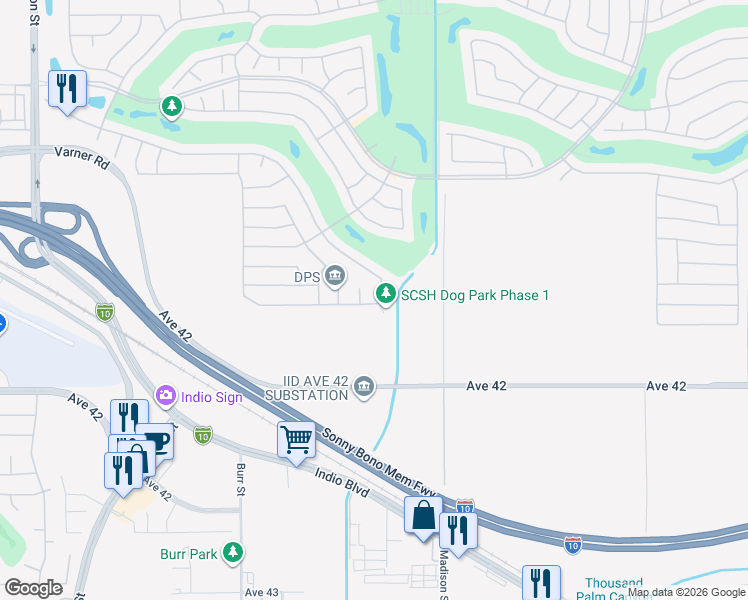 map of restaurants, bars, coffee shops, grocery stores, and more near 41575 Calle San Elijo in Indio