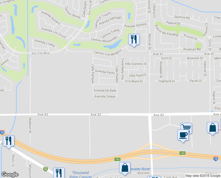 map of restaurants, bars, coffee shops, grocery stores, and more near 81674 Avenida De Baile in Indio