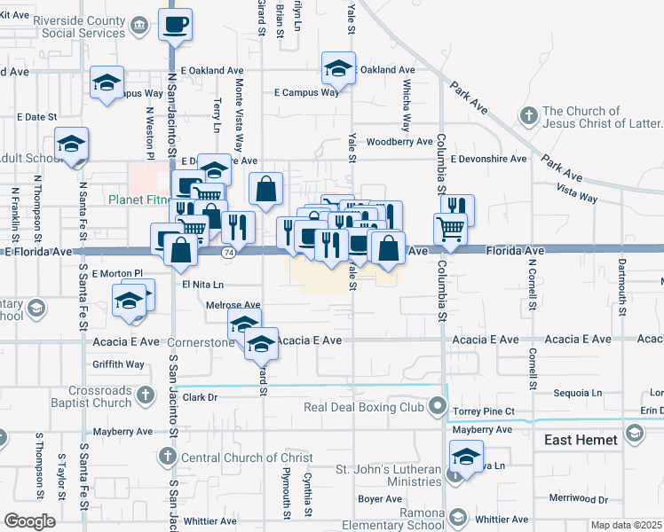 map of restaurants, bars, coffee shops, grocery stores, and more near 2093 East Florida Avenue in Hemet