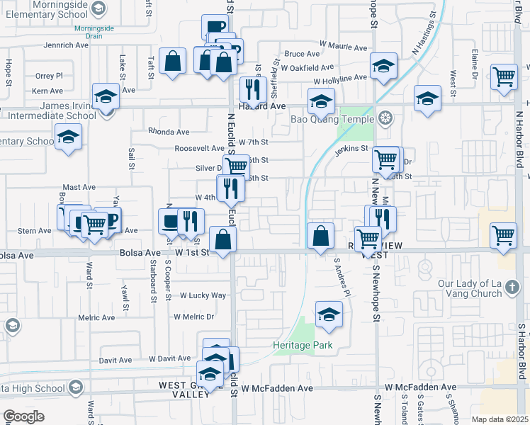 map of restaurants, bars, coffee shops, grocery stores, and more near 323 North Euclid Street in Santa Ana