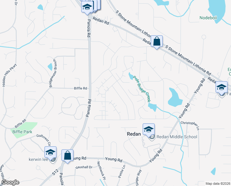 map of restaurants, bars, coffee shops, grocery stores, and more near 1529 Burnstone Drive in Stone Mountain