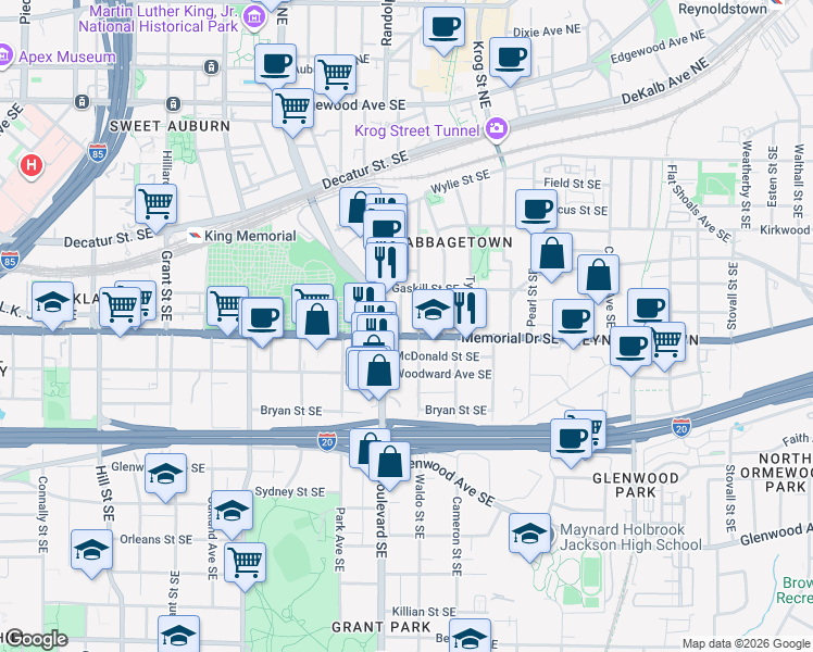map of restaurants, bars, coffee shops, grocery stores, and more near 600 Memorial Drive Southeast in Atlanta