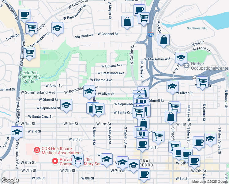 map of restaurants, bars, coffee shops, grocery stores, and more near 876 West Oliver Street in Los Angeles