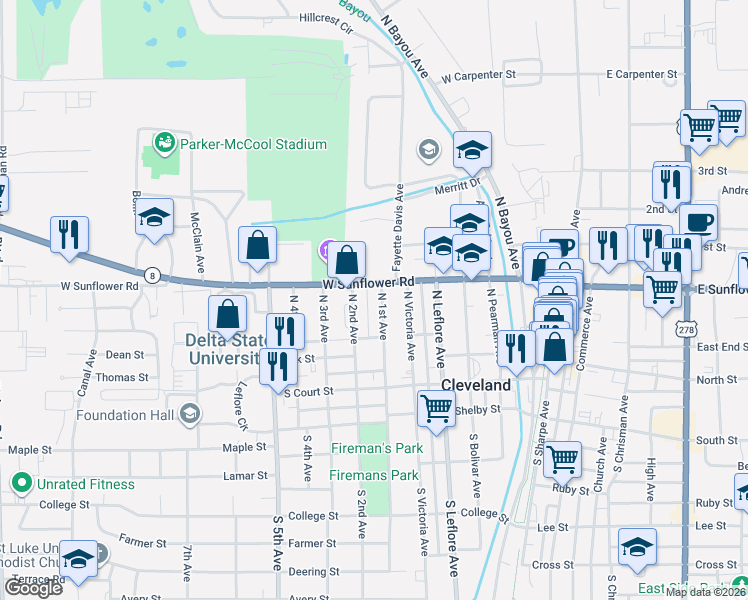 map of restaurants, bars, coffee shops, grocery stores, and more near 207-299 N 1st Ave in Cleveland