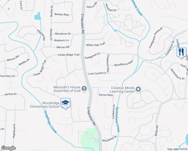 map of restaurants, bars, coffee shops, grocery stores, and more near 4733 Lost Colony Court in Stone Mountain