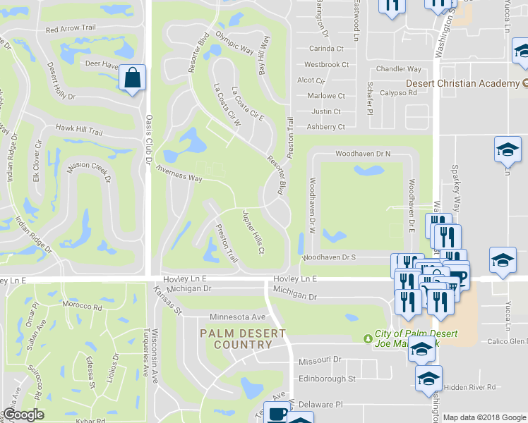 map of restaurants, bars, coffee shops, grocery stores, and more near 41567 Preston Trail in Palm Desert