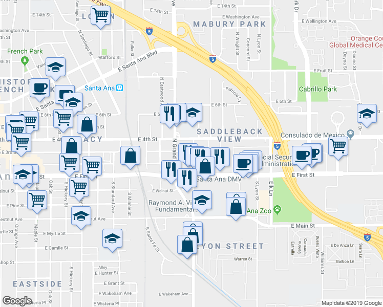 map of restaurants, bars, coffee shops, grocery stores, and more near 1334 East 3rd Street in Santa Ana