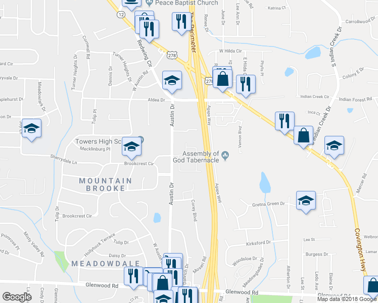 map of restaurants, bars, coffee shops, grocery stores, and more near 1636 Austin Meadows Drive in Decatur