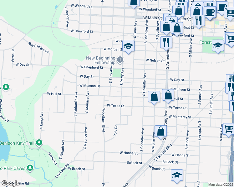map of restaurants, bars, coffee shops, grocery stores, and more near 1211 W Hull St in Denison