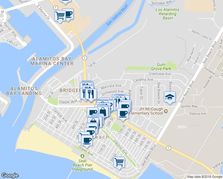 map of restaurants, bars, coffee shops, grocery stores, and more near 915 Driftwood Avenue in Seal Beach