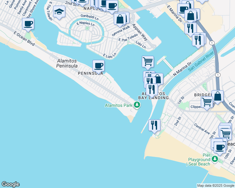 map of restaurants, bars, coffee shops, grocery stores, and more near 6715 East Ocean Boulevard in Long Beach