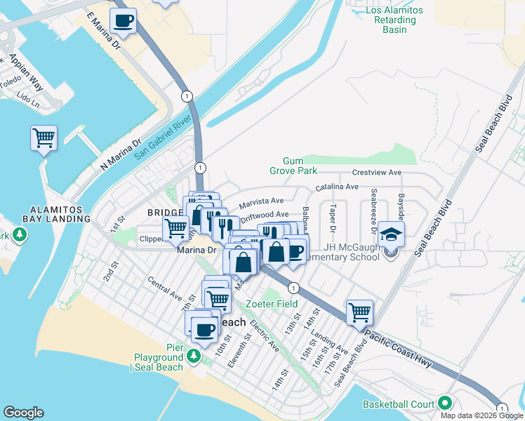 map of restaurants, bars, coffee shops, grocery stores, and more near 915 Driftwood Avenue in Seal Beach