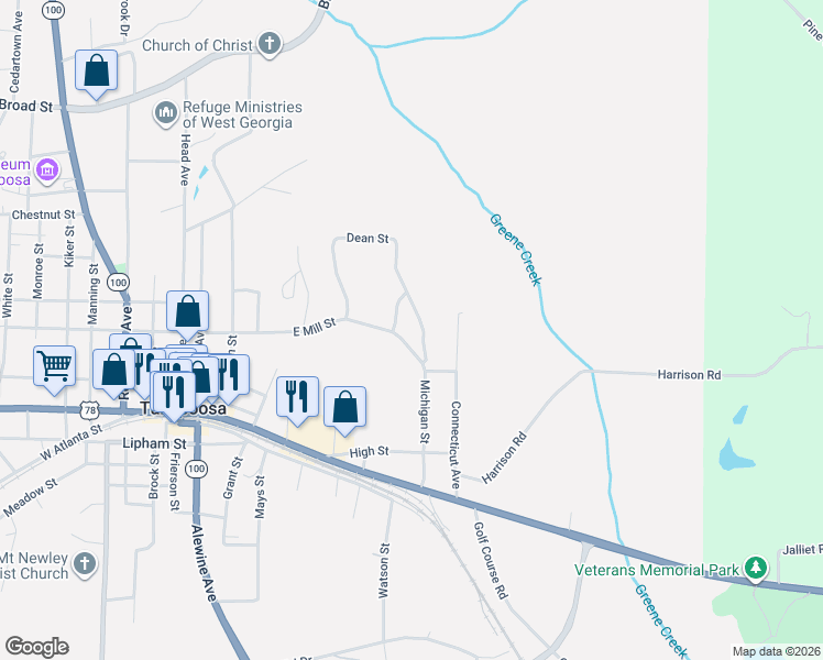 map of restaurants, bars, coffee shops, grocery stores, and more near 202 Pennsylvania Avenue in Tallapoosa