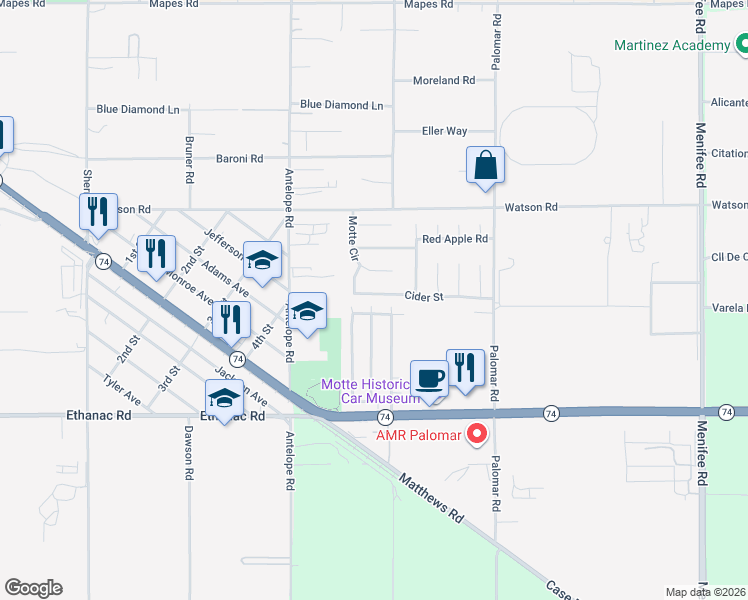 map of restaurants, bars, coffee shops, grocery stores, and more near 28195 Cider Street in Romoland